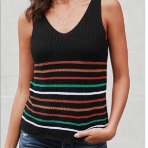 Black Knit Tank Top with Multi Colored Stripes